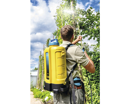 Un homme utilise un pulvérisateur à dos pour jardiner