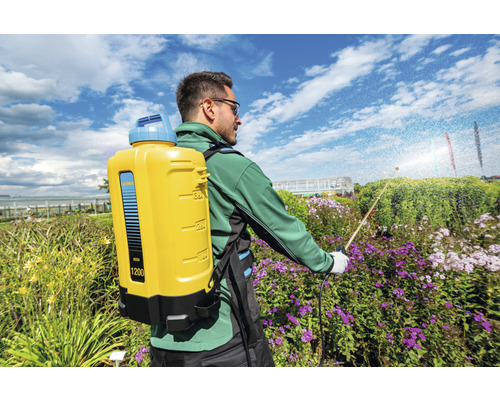 Un homme utilise un pulvérisateur dorsal pour jardiner.