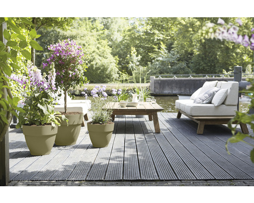 Terrassenszene mit Pflanzen in Blumentöpfen, Couch und Tisch