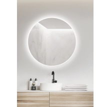 Salle de bains avec miroir rond, lavabo et meuble-lavabo