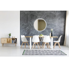 Salle à manger avec table à manger, chaises, commode et miroir rond avec éclairage