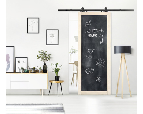 Kit complet pour porte coulissante tableau noir 93x212,8 cm avec rail de guidage Porte coulissante avec surface à craie dans le salon
