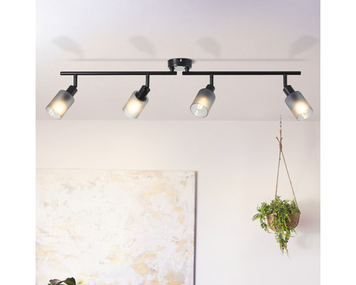 Deckenleuchte mit vier Strahlern und Lampenschirmen aus Glas