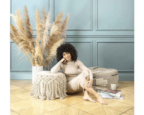 Scène décorative avec femme, herbe ornementale et pouf sur plancher en bois