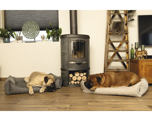 Wohnraum mit Kaminofen und zwei Hunden in Hundebetten