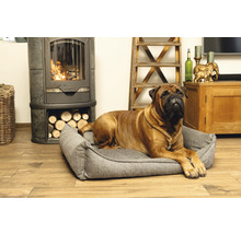 Hund liegt auf einem grauen Hundebett vor einem Kamin mit Holz