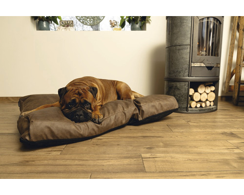 Hund liegt auf einem braunen Hundebett in einem Zimmer mit Kaminofen und Holzfußboden.