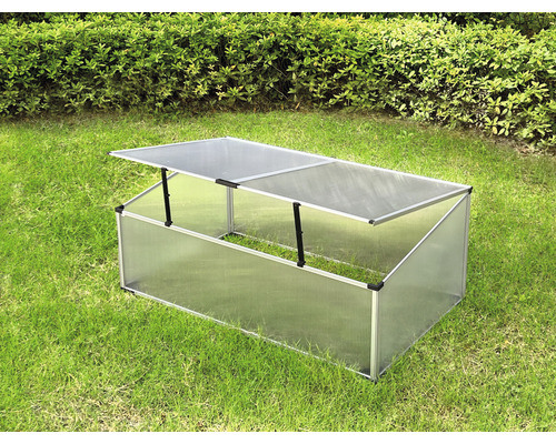 Kleines Gewächshaus aus Kunststoff mit Aluminiumrahmen auf Rasen