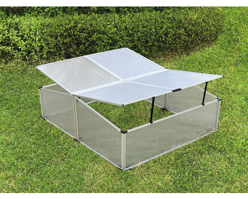 Hochbeet mit Polycarbonatplatten und aufklappbarem Deckel auf Rasen