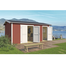 Gartenhaus aus Holz mit Doppeltüren und Sitzbank vor einem See