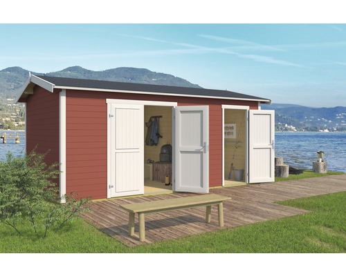 Abri de jardin Outdoor Life Tuvalu avec plancher 540 x 331,2 cm rouge de falun Abri de jardin en bois avec portes doubles et banc devant un lac