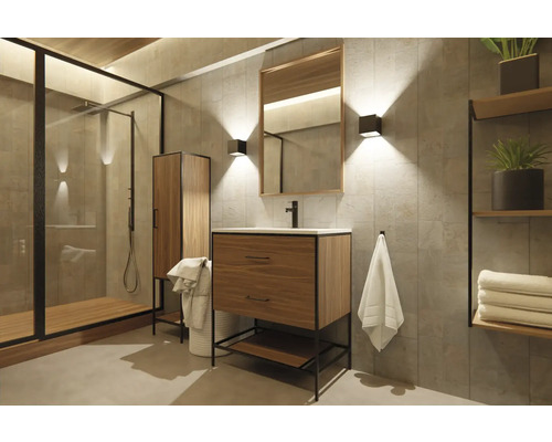 Salle de bains moderne avec douche, lavabo et étagère