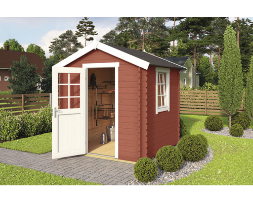 Abri de jardin Outdoor Life Wels 1 avec plancher 231 x 220 cm rouge de falun Abri de jardin avec porte et fenêtre ouvertes