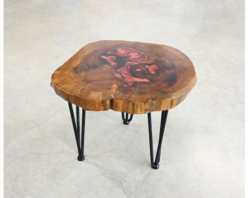 Beistelltisch mit Baumscheibenplatte und Metallbeinen