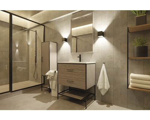 Salle de bains avec douche, meuble-lavabo, armoire de toilette et étagère