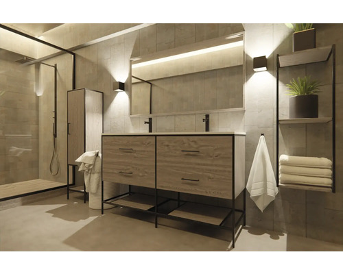 Salle de bains avec meuble-lavabo, miroir, douche et étagère