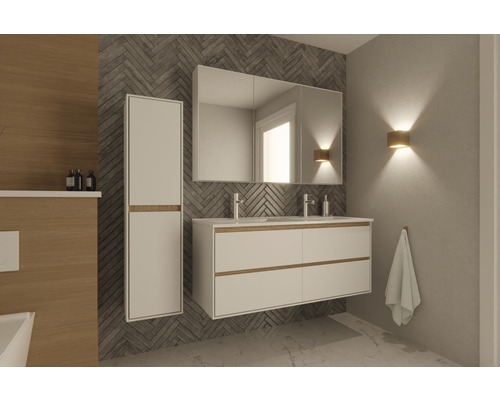 Salle de bain lumineuse avec meuble-lavabo, armoire de toilette et armoire haute pour une ambiance moderne