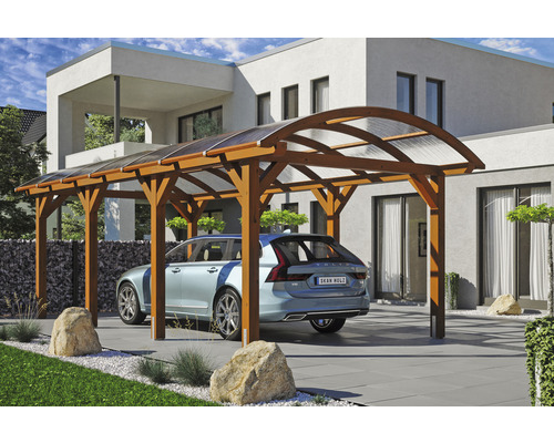 Carport Skanholz Franken avec ancrage pour poteaux 376 x 755 cm noyer