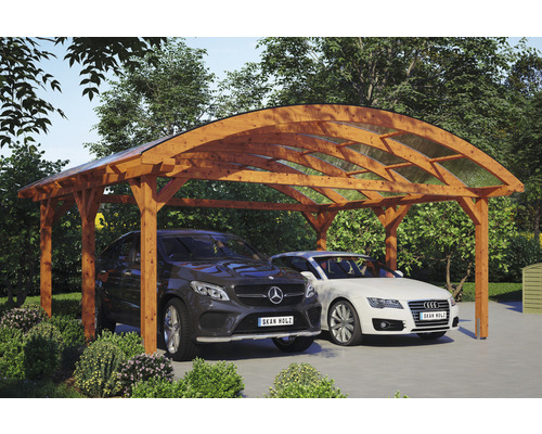 Doppelcarport aus Holz mit zwei geparkten Autos