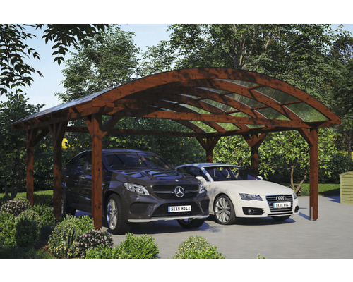 Carport double 2 voitures Skanholz Franken avec ancrage pour poteaux 635 x 541 cm noyer