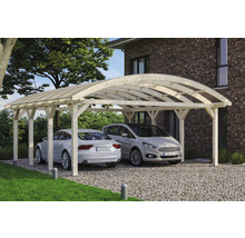 Carport aus Holz mit zwei geparkten Autos