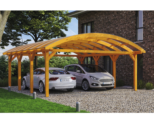 Carport double 2 voitures Skanholz Franken avec ancrage pour poteaux 635 x 755 cm chêne clair