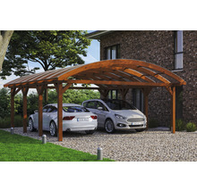 Carport double 2 voitures Skanholz Franken avec ancrage pour poteaux 635 x 755 cm noyer