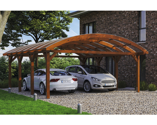 Carport double 2 voitures Skanholz Franken avec ancrage pour poteaux 635 x 755 cm noyer