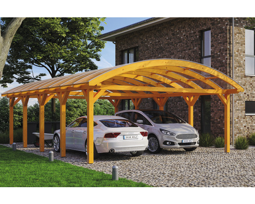 Carport double 2 voitures Skanholz Franken avec ancrage pour poteaux 635 x 969 cm chêne clair