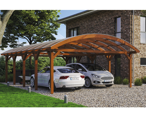 Carport double 2 voitures Skanholz Franken avec ancrage pour poteaux 635 x 969 cm noyer