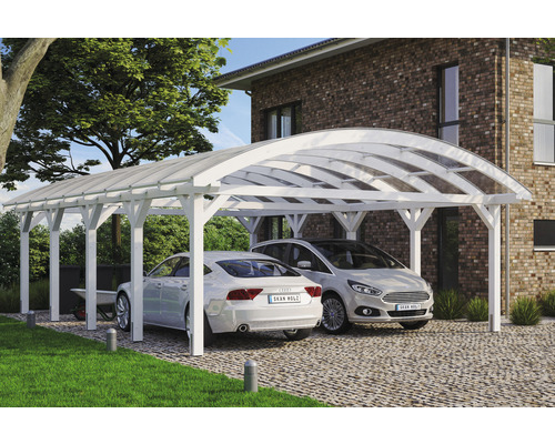 Carport double 2 voitures Skanholz Franken avec ancrage pour poteaux 635 x 969 cm blanc