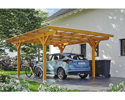 Carport Skanholz Odenwald avec ancrage pour poteaux 428 x 541 cm chêne clair