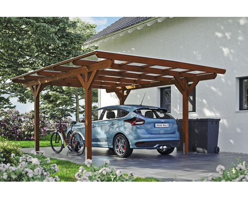 Carport aus Holz mit Auto und Fahrrad