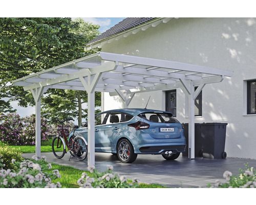 Carport Skanholz Odenwald avec ancrage pour poteaux 428 x 541 cm blanc