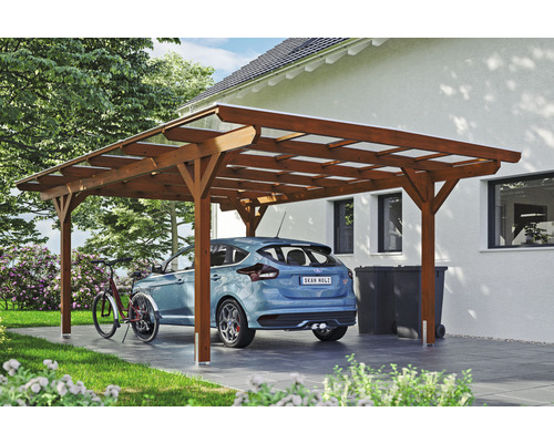 Carport Skanholz Odenwald avec ancrage pour poteaux 428 x 648 cm noyer