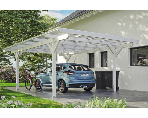 Carport Skanholz Odenwald avec ancrage pour poteaux 428 x 648 cm blanc