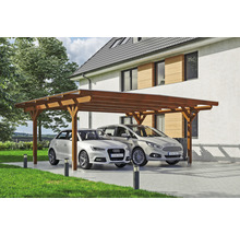 Carport double 2 voitures Skanholz Odenwald avec ancrage pour poteaux 640 x 541 cm noyer