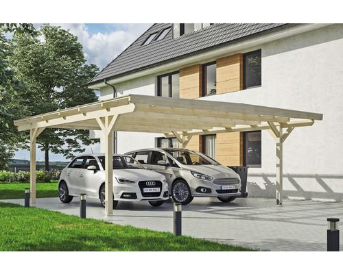 Carport double 2 voitures Skanholz Odenwald avec ancrage pour poteaux 640 x 648 cm bois