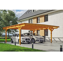 Double carport en bois avec deux voitures garées devant une maison