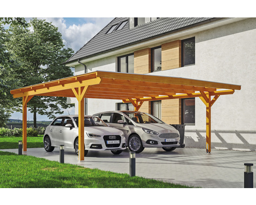 Carport double 2 voitures Skanholz Odenwald avec ancrage pour poteaux 640 x 648 cm chêne clair