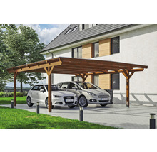 Doppelcarport aus Holz mit zwei geparkten Autos vor einem Haus