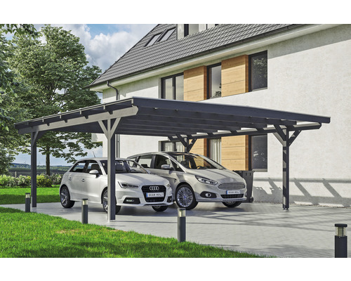 Carport double 2 voitures Skanholz Odenwald avec ancrage pour poteaux 640 x 648 cm ardoise