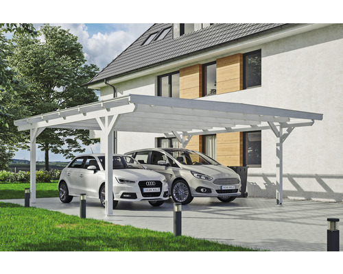 Carport double 2 voitures Skanholz Odenwald avec ancrage pour poteaux 640 x 648 cm blanc