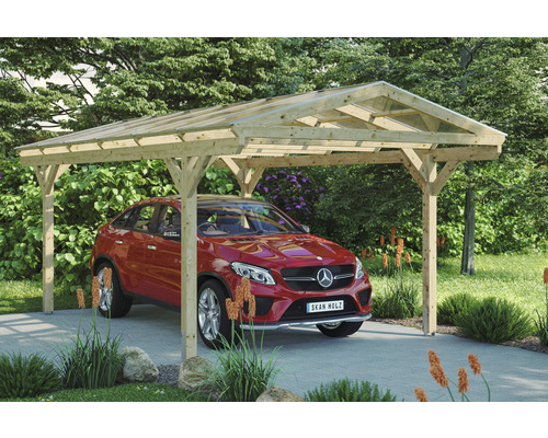 Auto unter Carport aus Holz im Garten