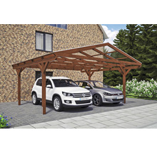 Carport double 2 voitures Skanholz Westerwald avec ancrage pour poteaux 570 x 541 cm noyer