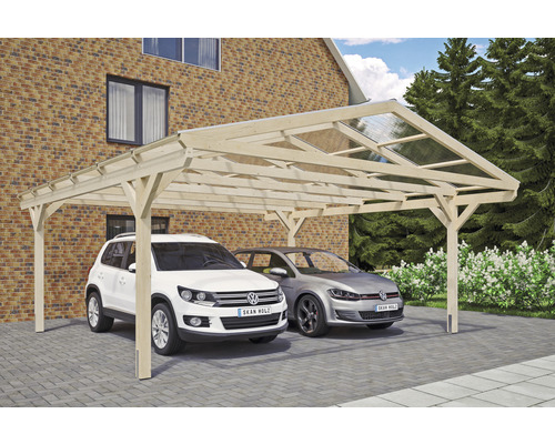 Carport double 2 voitures Skanholz Westerwald avec ancrage pour poteaux 570 x 648 cm bois