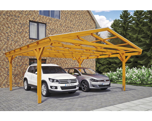 Carport double 2 voitures Skanholz Westerwald avec ancrage pour poteaux 570 x 648 cm chêne clair