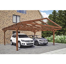 Carport double 2 voitures Skanholz Westerwald avec ancrage pour poteaux 570 x 648 cm noyer