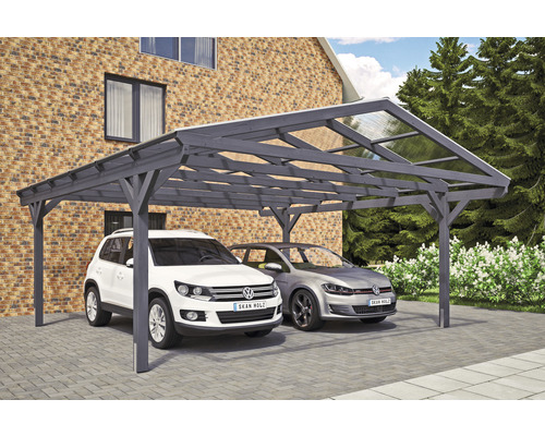 Carport double 2 voitures Skanholz Westerwald avec ancrage pour poteaux 570 x 648 cm ardoise