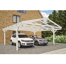 Carport double 2 voitures Skanholz Westerwald avec ancrage pour poteaux 570 x 648 cm blanc